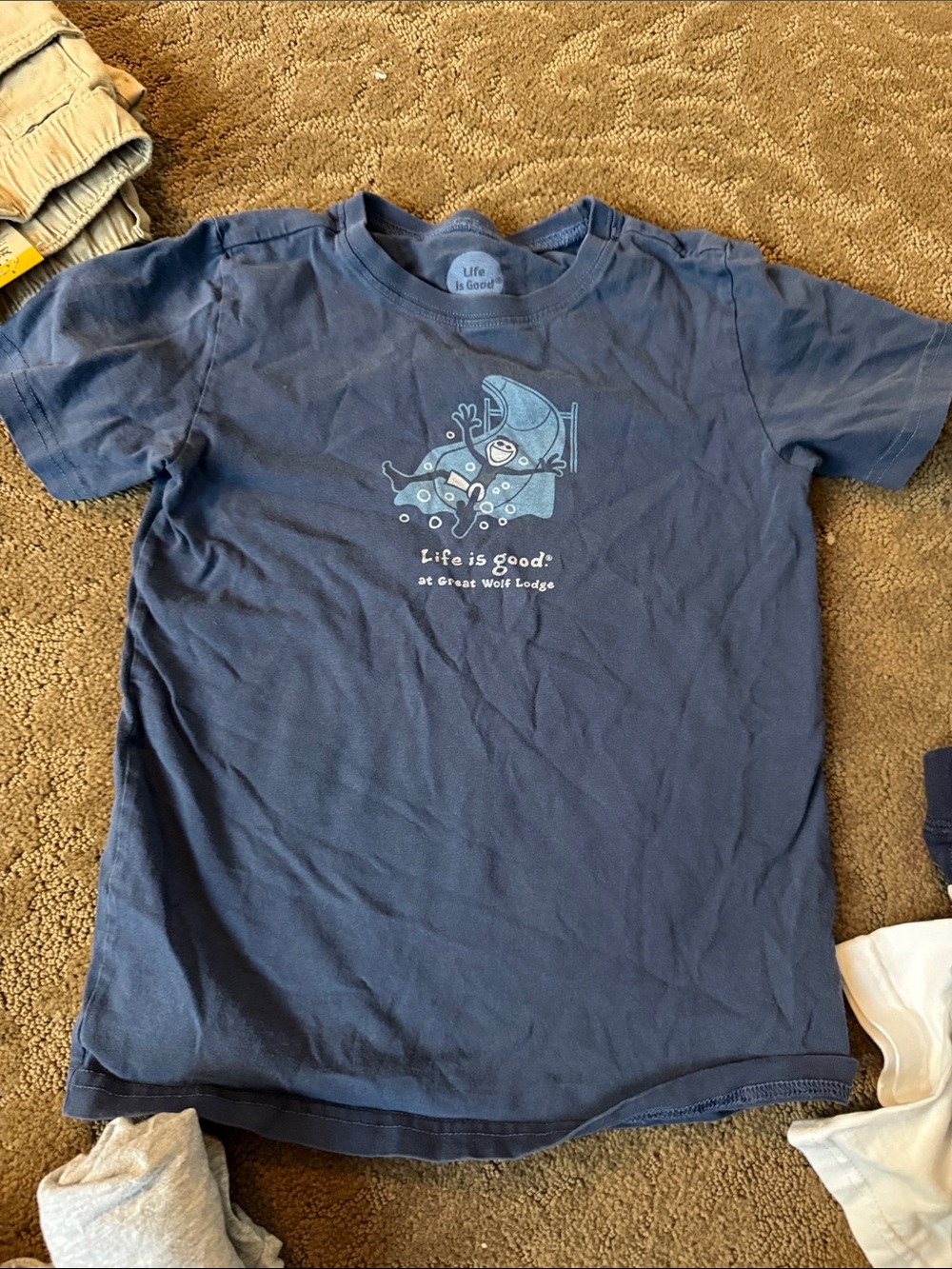 Life Is Good Navy Short Sleeve Tee with Light Blue Fish Graphic
